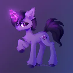 Size: 1700x1700 | Tagged: safe, artist:astralblues, derpibooru import, oc, oc:tyrian shade, unofficial characters only, pony, unicorn, chest fluff, ear fluff, fluffy, holding hoof, hoof fluff, image, jpeg, leg fluff, looking at you, magic, magic aura, male, purple eyes, solo, sparkles