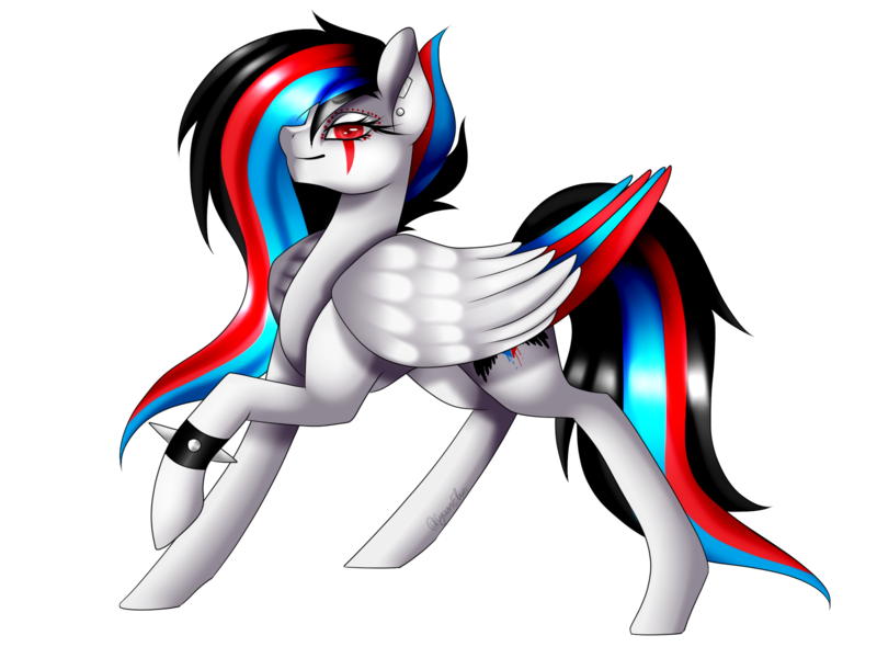 Size: 1600x1200 | Tagged: safe, artist:minelvi, derpibooru import, oc, unofficial characters only, pegasus, pony, bracelet, ear piercing, eye scar, eyelashes, image, pegasus oc, piercing, png, scar, simple background, smiling, solo, spiked wristband, transparent background, wings, wristband