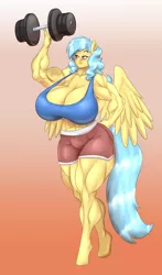 Size: 1444x2464 | Tagged: suggestive, artist:blues64, artist:marauder6272, derpibooru import, oc, oc:mercury drop, anthro, pegasus, unguligrade anthro, big breasts, breasts, cleavage, clothes, commission, dumbbell (object), gradient background, high res, huge breasts, image, lifting, muscles, png, shorts, smiling