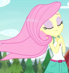 Size: 610x642 | Tagged: safe, derpibooru import, screencap, fluttershy, equestria girls, legend of everfree, legend of everfree - bloopers, clothes, cropped, image, png, sleeveless, solo, tanktop