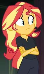 Size: 409x676 | Tagged: safe, derpibooru import, screencap, sunset shimmer, all the world's off stage, equestria girls, equestria girls series, arms folded, cropped, director shimmer, female, headset, image, png, solo