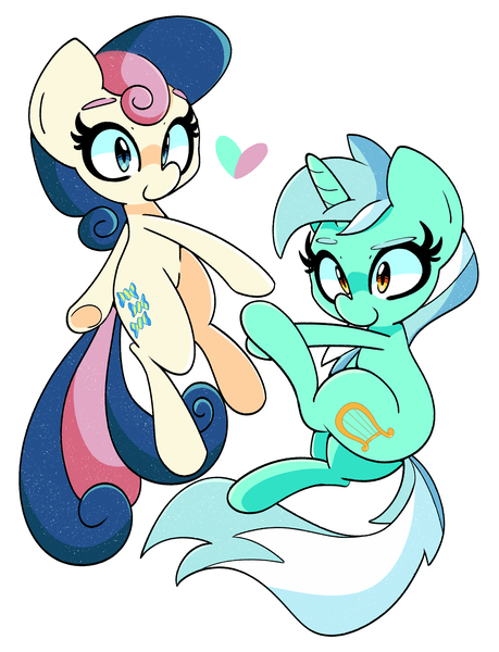 Size: 2163x2827 | Tagged: safe, artist:kindakismet, derpibooru import, bon bon, lyra heartstrings, sweetie drops, earth pony, pony, unicorn, adorabon, cute, female, heart, high res, image, lesbian, lyrabetes, lyrabon, mare, png, shipping, simple background, smiling, white background