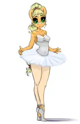 Size: 1329x2048 | Tagged: safe, artist:skitsniga, derpibooru import, applejack, anthro, plantigrade anthro, alternate hairstyle, applerina, ballerina, breasts, clothes, female, image, open mouth, png, simple background, solo, tutu, white background