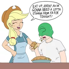 Size: 250x250 | Tagged: suggestive, artist:mkogwheel, derpibooru import, applejack, oc, oc:anon, human, apple, apple pie, applejack's hat, apron, blushing, choking, clothes, coughing, cowboy hat, dialogue, eyes closed, female, food, freckles, hat, humanized, image, lowres, male, open mouth, picture for breezies, pie, png, shirt, simple background, speech bubble, white background, wife