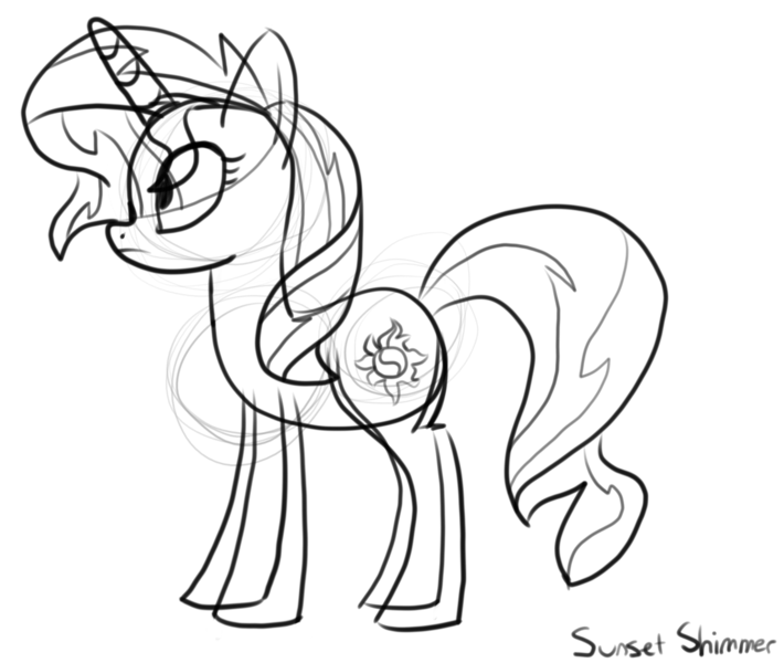 Size: 1102x931 | Tagged: safe, artist:byteslice, derpibooru import, sunset shimmer, pony, unicorn, female, image, mare, monochrome, png, simple background, sketch, white background