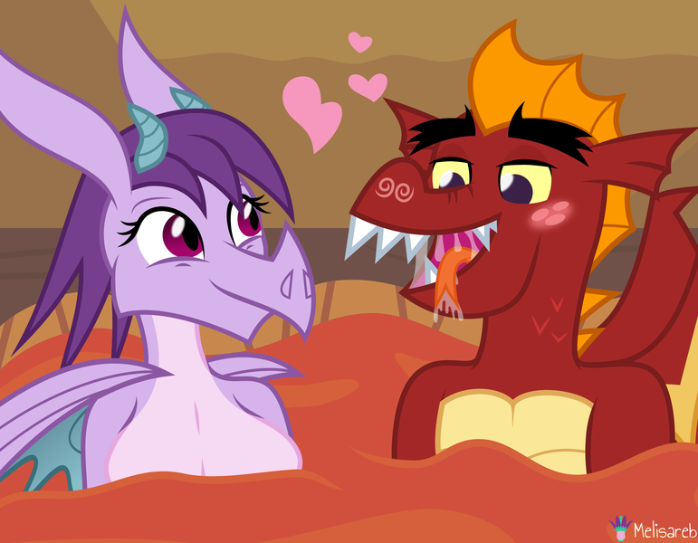 Size: 5143x4000 | Tagged: suggestive, artist:melisareb, derpibooru import, garble, prominence, anthro, dragon, .svg available, absurd resolution, ahegao, bedroom eyes, blushing, breasts, busty prominence, dragoness, drool, duo, female, forked tongue, garbinence, heart, image, lava, male, older, older garble, older prominence, open mouth, png, shipping, straight, tongue out, vector, wings