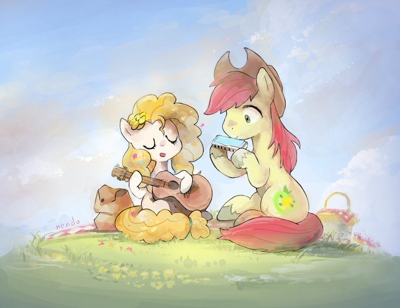 Size: 1530x1180 | Tagged: safe, artist:nendo, derpibooru import, bright mac, pear butter, earth pony, pony, the perfect pear, acoustic guitar, basket, blanket, brightabetes, brightbutter, cloud, cowboy hat, cute, daaaaaaaaaaaw, eyes closed, female, flower, flower in hair, grass, guitar, harmonica, hat, image, male, mare, musical instrument, open mouth, pearabetes, picnic, picnic basket, picnic blanket, png, shipping, singing, sitting, stallion, straight, sweet dreams fuel