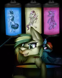 Size: 1080x1350 | Tagged: semi-grimdark, artist:rxndxm.artist, derpibooru import, flitter, fluttershy, rainbow dash, oc, oc:shooting star, oc:wooden toaster, pegasus, pony, unicorn, fanfic:rainbow factory, blood, fanfic art, female, grin, horn, image, jpeg, mare, smiling, unicorn oc