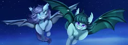 Size: 4017x1429 | Tagged: safe, artist:pridark, derpibooru import, oc, oc:nightlight charm, unofficial characters only, bat pony, pony, bat pony oc, bat wings, blue eyes, chest fluff, cloud, commission, duo, flying, image, night, night sky, png, purple eyes, sharp teeth, sky, stars, teeth, wings