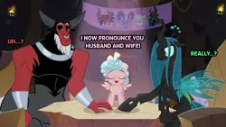 Size: 1024x576 | Tagged: safe, derpibooru import, edit, edited screencap, screencap, cozy glow, lord tirek, queen chrysalis, centaur, changeling, pegasus, pony, frenemies (episode), antagonist, arms, banner, beard, bow, caption, chair, changeling wings, chestplate, chrysirek, claws, crown, curly mane, cute, evil lair, facial hair, female, filly, funny, grogar's lair, hand, holes, hooves, horn, horns, image, image macro, implied wedding, jewelry, joke, lair, legion of doom, log, male, marriage, muscles, nose piercing, nose ring, open mouth, piercing, png, regalia, shipper on deck, shipping, small wings, straight, table, text, wedding, wings, wristband