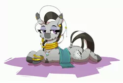 Size: 3588x2413 | Tagged: safe, artist:pabbley, derpibooru import, oc, oc:matriarch zeg'us, unofficial characters only, zebra, ear piercing, earring, female, image, jewelry, jpeg, lidded eyes, lying down, mare, neck rings, piercing, prone, smiling, solo, underhoof, zebra oc