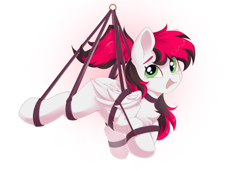 Size: 3500x2500 | Tagged: questionable, artist:kebchach, derpibooru import, oc, oc:siren, unofficial characters only, pegasus, pony, bondage, bound, bound wings, female, happy bondage, harness, image, mare, open mouth, png, smiling, solo, suspended, suspension bondage, tack, wings