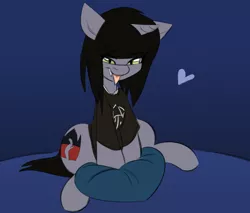 Size: 2000x1700 | Tagged: safe, artist:madragon, derpibooru import, oc, ponified, ponified:kellin quinn, pony, unicorn, clothes, commission, disguise, disguised siren, fangs, heart, horn, image, jewelry, lidded eyes, male, necklace, pillow, png, shirt, sitting, slit eyes, solo, stallion, t-shirt, tongue out, ych result