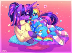 Size: 1821x1344 | Tagged: safe, artist:aaa-its-spook, derpibooru import, rainbow dash, twilight sparkle, twilight sparkle (alicorn), alicorn, pegasus, pony, accessories, alternate hairstyle, book, clothes, female, image, lesbian, lying down, pillow, png, shipping, size difference, socks, sweater, twidash