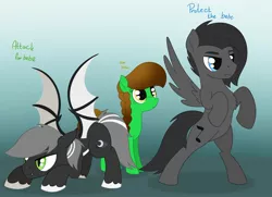 Size: 2480x1797 | Tagged: safe, artist:dyonys, derpibooru import, oc, oc:angelo, oc:lucky brush, oc:tanner, bat pony, earth pony, pegasus, pony, bipedal, cute, female, image, jpeg, male, mare, spread wings, stallion, text, wings