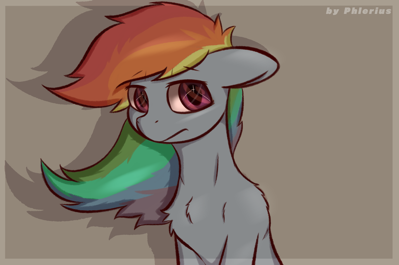 Size: 3000x2000 | Tagged: safe, artist:phlerius, derpibooru import, rainbow dash, earth pony, pony, chest fluff, digital art, floppy ears, flowing mane, frame, image, looking at you, png, shoulder fluff, signature, solo