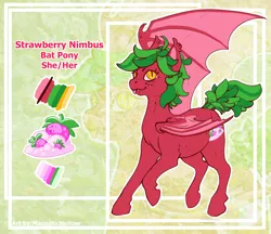 Size: 1736x1500 | Tagged: safe, artist:magnetichollow, derpibooru import, oc, oc:strawberry nimbus, bat pony, pony, bat pony oc, bat wings, colored, fangs, freckles, image, png, reference sheet, solo, tongue out, wings, yellow eyes