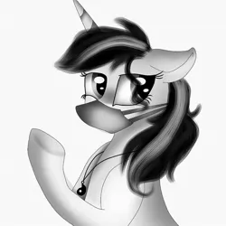 Size: 1080x1080 | Tagged: safe, artist:rxndxm.artist, derpibooru import, oc, oc:shooting star, unofficial characters only, pony, unicorn, bust, eyelashes, face mask, female, grayscale, horn, image, jewelry, jpeg, mare, mask, monochrome, necklace, simple background, solo, unicorn oc, white background
