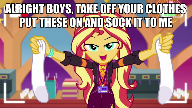 Size: 900x506 | Tagged: suggestive, derpibooru import, edit, edited screencap, screencap, sunset shimmer, equestria girls, equestria girls series, how to backstage, spoiler:eqg series (season 2), caption, clothes, female, image, image macro, png, pun, socks, text