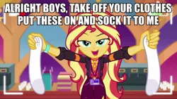 Size: 900x506 | Tagged: suggestive, derpibooru import, edit, edited screencap, screencap, sunset shimmer, equestria girls, equestria girls series, how to backstage, spoiler:eqg series (season 2), caption, clothes, female, image, image macro, png, pun, socks, text