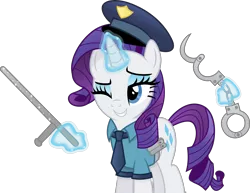 Size: 4566x3532 | Tagged: safe, artist:anime-equestria, derpibooru import, rarity, pony, unicorn, clothes, cuffs, eyeshadow, fashion police, female, happy, hat, horn, image, levitation, magic, makeup, mare, necktie, nightstick, one eye closed, png, police, police officer, police uniform, pouch, raricop, simple background, smiling, solo, sparkles, telekinesis, transparent background, vector, wink