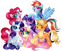 Size: 1782x1467 | Tagged: safe, artist:andypriceart, artist:kimmyartmlp, derpibooru import, applejack, fluttershy, pinkie pie, rainbow dash, rarity, twilight sparkle, earth pony, pegasus, pony, unicorn, cute, female, happy birthday mlp:fim, image, looking at you, lying down, mane six, mane six opening poses, mare, mlp fim's tenth anniversary, one eye closed, open mouth, png, prone, raised hoof, simple background, sitting, smiling, transparent background, unicorn twilight, wings, wink