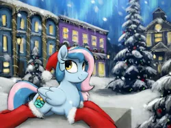 Size: 4000x3000 | Tagged: safe, alternate version, artist:selenophile, derpibooru import, oc, oc:chrysocolla dawn, unofficial characters only, pegasus, pony, christmas, christmas lights, christmas tree, clothes, commission, cutie mark, holiday, image, jpeg, lying down, prone, snow, snowfall, socks, solo, stockings, thigh highs, tree, winter, ych result