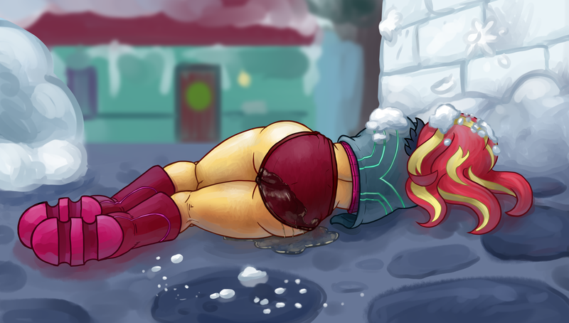 Size: 5000x2838 | Tagged: questionable, alternate version, artist:smudge proof, derpibooru import, sunset shimmer, equestria girls, equestria girls series, holidays unwrapped, spoiler:eqg series (season 2), accident, ass, bunset shimmer, butt, clothes, fetish, image, on ground, panties, patreon, peeing in panties, pissing, png, puddle, saving pinkie's pie, snow, snowball fight, snowballs, snowfort, unconscious, underwear, urine, watersports, wet, wetting, winter