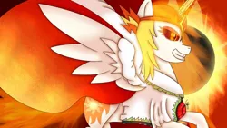 Size: 1192x670 | Tagged: safe, artist:eliestia, derpibooru import, daybreaker, princess celestia, alicorn, pony, clothes, cosplay, costume, crossover, female, image, jpeg, mane of fire, mare, reiuji utsuho, solo, sun, touhou, wings