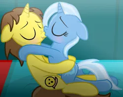 Size: 776x610 | Tagged: safe, alternate version, artist:grapefruitface1, artist:ukulelemoon, derpibooru import, trixie, oc, oc:grapefruit face, pony, base used, bed, bedroom, canon x oc, curtains, female, grapexie, image, kissing, male, png, self insert, shipping, show accurate, straight