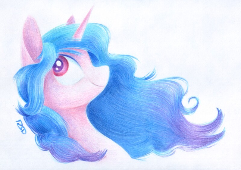 Size: 2262x1594 | Tagged: safe, artist:rsd500, derpibooru import, izzy moonbow, pony, unicorn, blue mane, bust, drawing, female, g5, image, jpeg, mare, simple background, smiling, solo, traditional art, wavy mane, white background