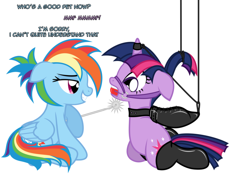 Size: 8000x6000 | Tagged: questionable, artist:nightmaremoons, derpibooru import, rainbow dash, twilight sparkle, pegasus, pony, unicorn, alternate hairstyle, arm behind back, armbinder, ballgag, bdsm, bondage, dashdom, dialogue, domination, dominatrix, female, femdom, femsub, gag, hooves behind back, horn, horn ring, image, jewelry, kneeling, lesbian, magic suppression, muffled words, png, ring, role reversal, shipping, simple background, strappado, submissive, teasing, transparent background, twidash, twisub, unicorn twilight, wartenberg wheel