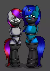 Size: 1400x2000 | Tagged: suggestive, alternate version, artist:deadwire765, derpibooru import, oc, oc:amberlue, oc:amy bolt, unofficial characters only, pony, arm behind back, armbinder, bipedal, blushing, bondage, clothes, collar, embarrassed, gag, harness, hooves behind back, horn, horn ring, image, jewelry, latex, legbinder, muzzle gag, png, ring, surprised, tack, uniform, wonderbolts uniform