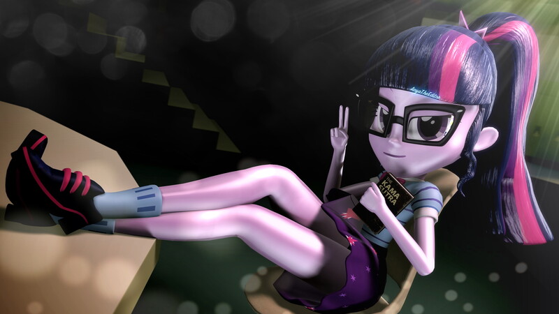 Size: 4208x2367 | Tagged: safe, artist:aryatheeditor, derpibooru import, sci-twi, twilight sparkle, equestria girls, equestria girls series, 3d, beautiful, bedroom eyes, book, canterlot high, clothes, cute, cutie mark, cutie mark on clothes, derpibooru exclusive, feet on table, female, geode of telekinesis, glasses, image, jpeg, kama sutra, library, looking at you, magical geodes, nerd, outfit, peace sign, shiny, shoes, sitting, skirt, smiling, smirk, smug, smuglight sparkle, sneakers, socks, solo, source filmmaker, twiabetes