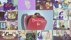 Size: 1964x1105 | Tagged: safe, derpibooru import, edit, edited screencap, editor:quoterific, screencap, fluttershy, mitsy, rarity, cat, dog, hamster, human, hamstocalypse now, backpack, duo, duo female, female, image, musical instrument, open mouth, png, ponied up, solo, tambourine, trio, wings