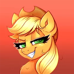 Size: 2000x2000 | Tagged: safe, artist:confetticakez, derpibooru import, applejack, earth pony, pony, applejack's hat, bust, cowboy hat, eyebrows visible through hair, female, freckles, gradient background, grin, hat, high res, image, mare, png, portrait, shit eating grin, smiling, smug, solo