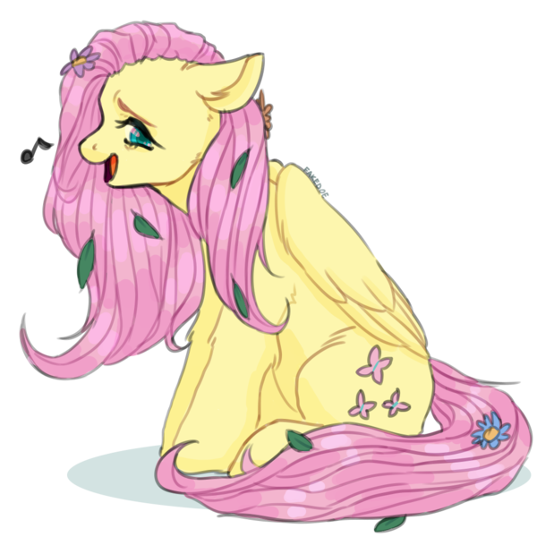 Size: 1000x1000 | Tagged: safe, artist:katedoe, derpibooru import, fluttershy, pegasus, pony, cute, elbow fluff, female, floppy ears, flower, flower in hair, flower in tail, folded wings, hoof fluff, image, leaves in hair, looking at you, looking sideways, mare, music notes, open mouth, png, profile, shyabetes, simple background, singing, sitting, smiling, solo, transparent background, wings