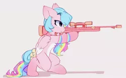 Size: 2026x1268 | Tagged: safe, artist:little-sketches, derpibooru import, oc, oc:misha, unofficial characters only, pegasus, pony, bow, bullpup rifle, choker, commission, female, focused, gun, image, jpeg, looking ahead, mare, pale belly, rifle, simple background, sniper, solo, tail bow, two toned wings, weapon, wings