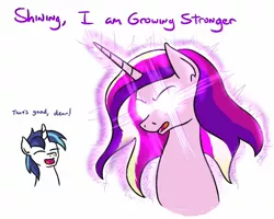 Size: 1064x850 | Tagged: safe, artist:jargon scott, derpibooru import, part of a set, princess cadance, shining armor, alicorn, pony, unicorn, aura, dialogue, duo, eyes closed, female, glowing eyes, i am growing stronger, image, jpeg, male, oblivious, princess of love, shining armor is a good husband, shiningcadance, shipping, simple background, smiling, straight
