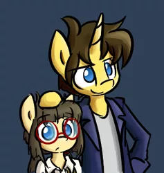 Size: 333x351 | Tagged: safe, artist:spheedc, derpibooru import, oc, oc:dream chaser, oc:sphee, unofficial characters only, earth pony, pony, semi-anthro, unicorn, bipedal, clothes, digital art, female, filly, glasses, head pat, image, jacket, male, pat, png, simple background, stallion