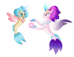 Size: 2803x2140 | Tagged: safe, artist:nightpaint12, derpibooru import, princess skystar, queen novo, seapony (g4), my little pony: the movie, bioluminescent, blue eyes, clothes, colored pupils, colored wings, crown, dorsal fin, eyelashes, female, fins, fin wings, fish tail, flower, flower in hair, freckles, glow, image, jewelry, like mother like daughter, like parent like child, looking at each other, mother and child, mother and daughter, necklace, open mouth, pearl necklace, png, purple eyes, queen novo's orb, regalia, see-through, signature, simple background, smiling, tail, transparent background, wings