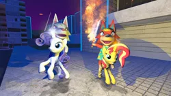 Size: 1280x720 | Tagged: safe, artist:horsesplease, derpibooru import, rarity, sunset shimmer, pony, unicorn, wolf, 3d, animal crossing, animal crossing: new horizons, audie (animal crossing), female, fiery shimmer, fire, fire sword, flaming sword, gmod, image, jpeg, magic, sword, weapon, whitney (animal crossing), wolves riding ponies