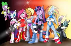 Size: 1112x718 | Tagged: safe, artist:tinker-tock, derpibooru import, idw, applejack, fluttershy, pinkie pie, rainbow dash, rarity, spike, twilight sparkle, anthro, dragon, amy rose, archie comics, boots, breasts, bunnie rabbot, busty applejack, busty fluttershy, busty mane six, busty pinkie pie, busty rainbow dash, busty rarity, busty twilight sparkle, clothes, crossover, eyes closed, high heel boots, high heels, image, jpeg, latex, line-up, looking offscreen, mane seven, mane six, mashup, miles "tails" prower, rouge the bat, rubber, sally acorn, sega, shoes, sonic dash, sonic the hedgehog, sonic the hedgehog (series), whisper the wolf, winged spike