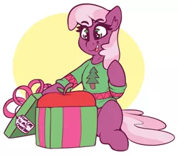 Size: 2225x1969 | Tagged: safe, artist:graphene, derpibooru import, cheerilee, earth pony, pony, apple, cheeribetes, christmas, clothes, cute, female, food, happy, holiday, image, mare, png, present, solo, sweater