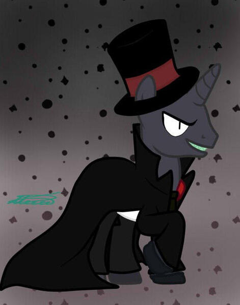 Size: 550x700 | Tagged: safe, artist:crystalcontemplator, derpibooru import, ponified, pony, unicorn, abstract background, black hat (villainous), clothes, grin, hat, image, jpeg, male, raised hoof, signature, smiling, solo, stallion, top hat, villainous