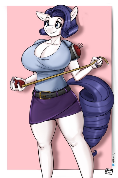 Size: 1365x2048 | Tagged: safe, alternate version, artist:nosch, derpibooru import, rarity, anthro, belt, big breasts, breasts, busty rarity, cleavage, clothes, image, jpeg, measuring tape, pincushion, smiling