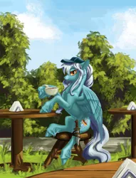 Size: 1200x1570 | Tagged: safe, artist:kirillk, derpibooru import, oc, oc:ice, unofficial characters only, pegasus, pony, coffee, food, image, jpeg, knife, scenery, scenery porn, solo, table, tree, wings