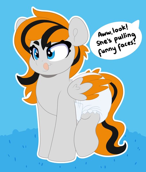 Size: 2969x3500 | Tagged: suggestive, artist:duckie, derpibooru import, oc, oc:feather river, unofficial characters only, pegasus, pony, adult foal, colored wings, concentrating, diaper, diaper fetish, fetish, image, jpeg, lifted leg, pegasus oc, scrunchy face, solo, tongue out, wings