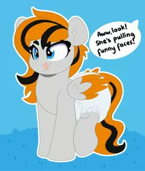 Size: 2969x3500 | Tagged: suggestive, artist:duckie, derpibooru import, oc, oc:feather river, unofficial characters only, pegasus, pony, adult foal, colored wings, concentrating, diaper, diaper fetish, fetish, image, jpeg, lifted leg, pegasus oc, scrunchy face, solo, tongue out, wings