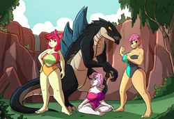 Size: 1280x873 | Tagged: safe, artist:caiman2, derpibooru import, apple bloom, scootaloo, sweetie belle, oc, kaiju, equestria girls, amazon, apple bloom's bow, barefoot, big breasts, bow, breasts, busty apple bloom, busty cmc, busty scootaloo, busty sweetie belle, clothes, crack shipping, crossover, crossover shipping, cutie mark crusaders, feet, female, giantess, godzilla (series), godzilla the series, hair bow, huge breasts, image, jpeg, komodithrax, macro, offspring from another series, one-piece swimsuit, shipping, swimsuit, zilla junior